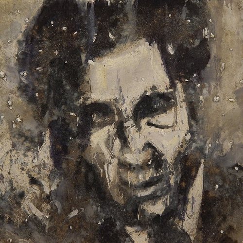Jim Thompson (America’s Spiritual Heroes), Adam Turl (2014). Oil, acrylic, cotton, ash, concrete on canvas.