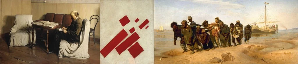 I Brodsky’s Lenin in Smolny (1930); Kazimir Malevich’s Eight Rectangles (1915); Ilya Repin’s “Barge Haulers on the Volga” (1870–1873)