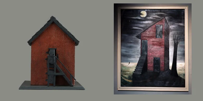 Left: Unknown Artist, Model, Jackson Co. Jail at Brownsville, 1939-1941. Right: Mickey Everett, Untitled/Gertrude Abercrombie’s Lonely House, 2014