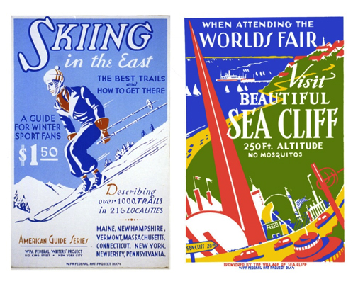 Left: Poster promoting winter sports in New England, American Guide Series, WPA. Right: WPAPoster promoting the town of Sea Cliff to 1939 New York World’s Fair attendees