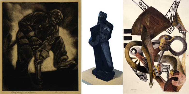 L: Dox Thrash, Defense Worker, c. 1941. Carborundum mezzotint. M: Unknown artist, Abstract Figure, c. 1935-1943. Plaster. Photograph by Gary Andrashko. R: Ida York Abelman, Machine and the Patterns, c. 1935. Lithograph. Photograph by Mickey Lee Everett
