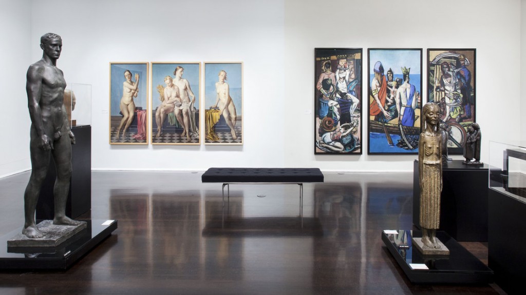 Installation view of the Degenerate Art exhibition at the Neue Galerie in New York — with official Nazi art seen on the left and modern art on the right