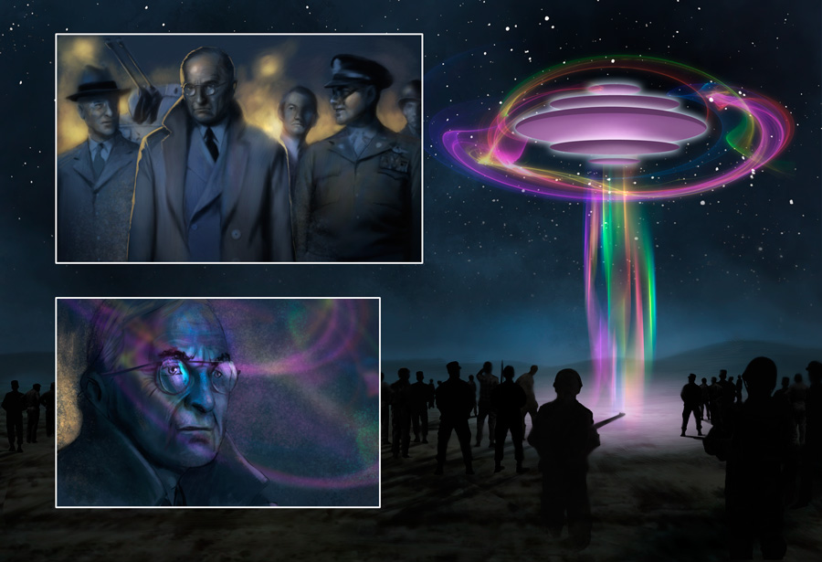 McEvoy's monochromatic style for the first pages gives way to an oversaturated technicolor as the story enters the reality of science fiction set in the 1960s.