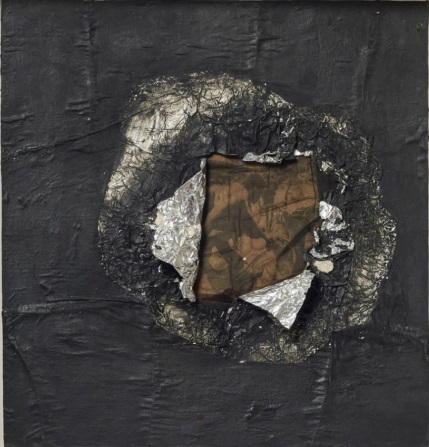 Jack Whitten, Birmingham 1964, 1964 Aluminum foil, newsprint, stocking, and oil on plywood 6 5/8 x 16 inches 