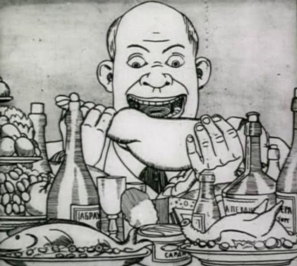A cartoon rendering of a Nepman, from Dziga Vertov's Soviet Toys