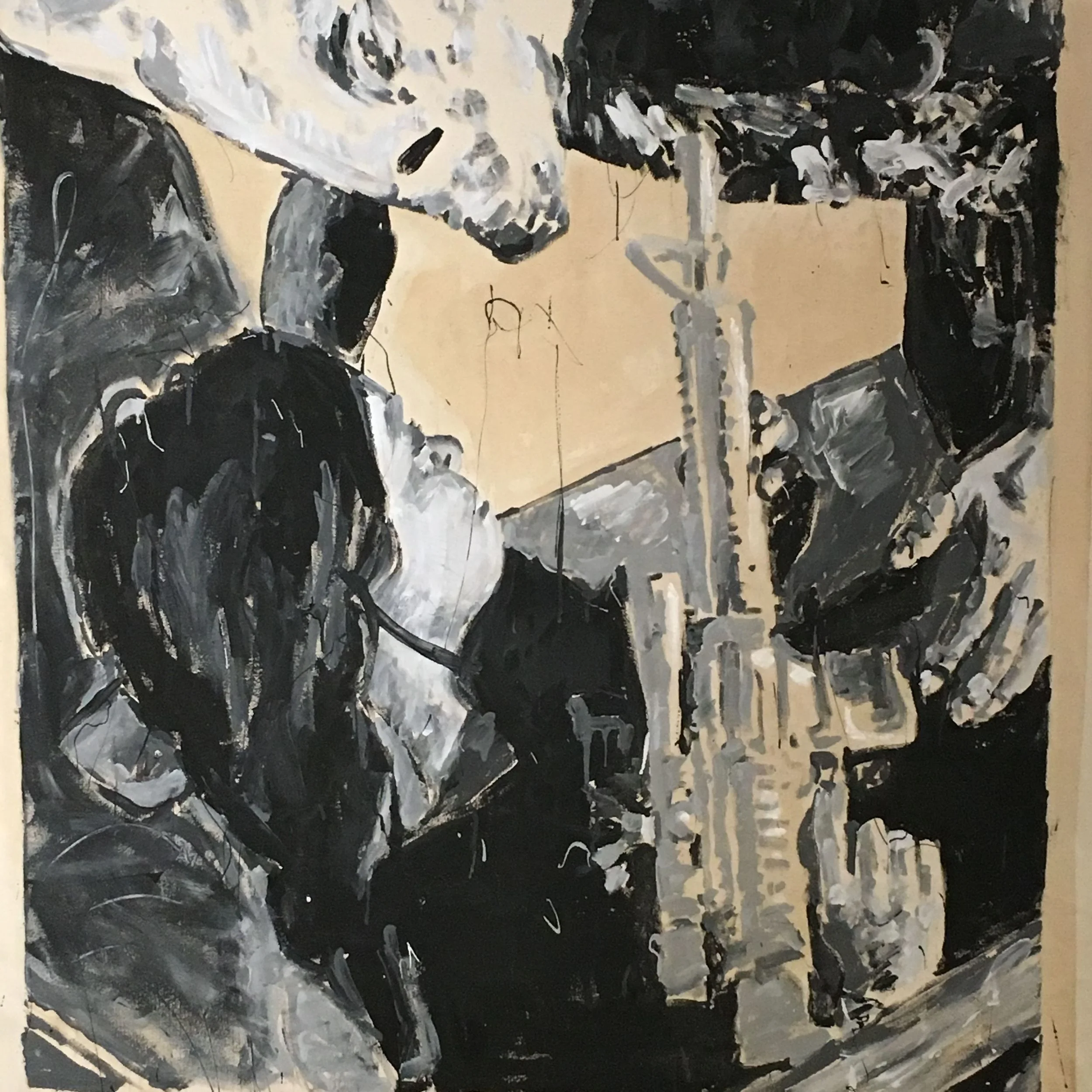 Adam Turl, Saint George of Peoria acrylic and coffee on canvas (Kick the Cat)