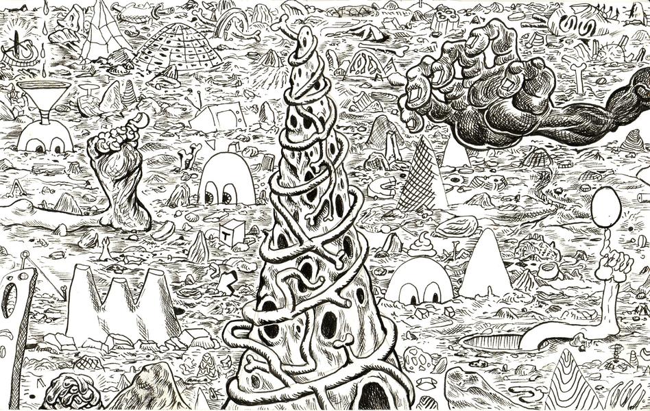 Trenton Doyle Hancock, Cave Scape #3, 2010, ink on paper, 6 ¼ x 10 in., (James Cohan Gallery, New York)