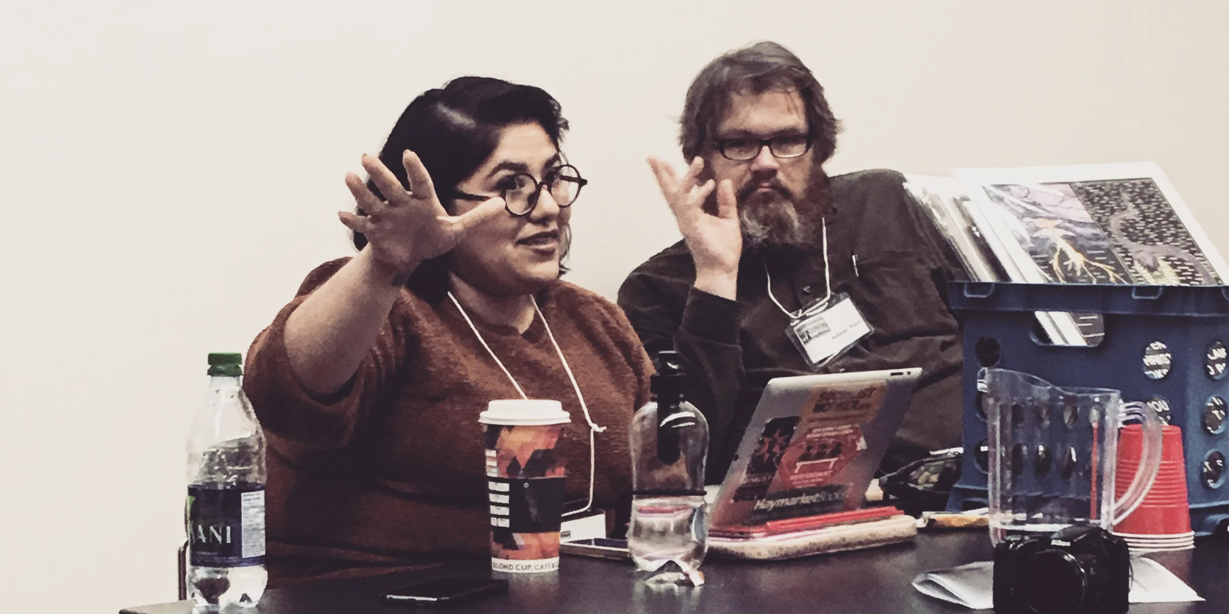 The Red Wedge panel "Art Against Global Apartheid" at Historical Materialism Toronto 2016 (York University). Crystal Stella Becerril speaking, Adam Turl in the background.