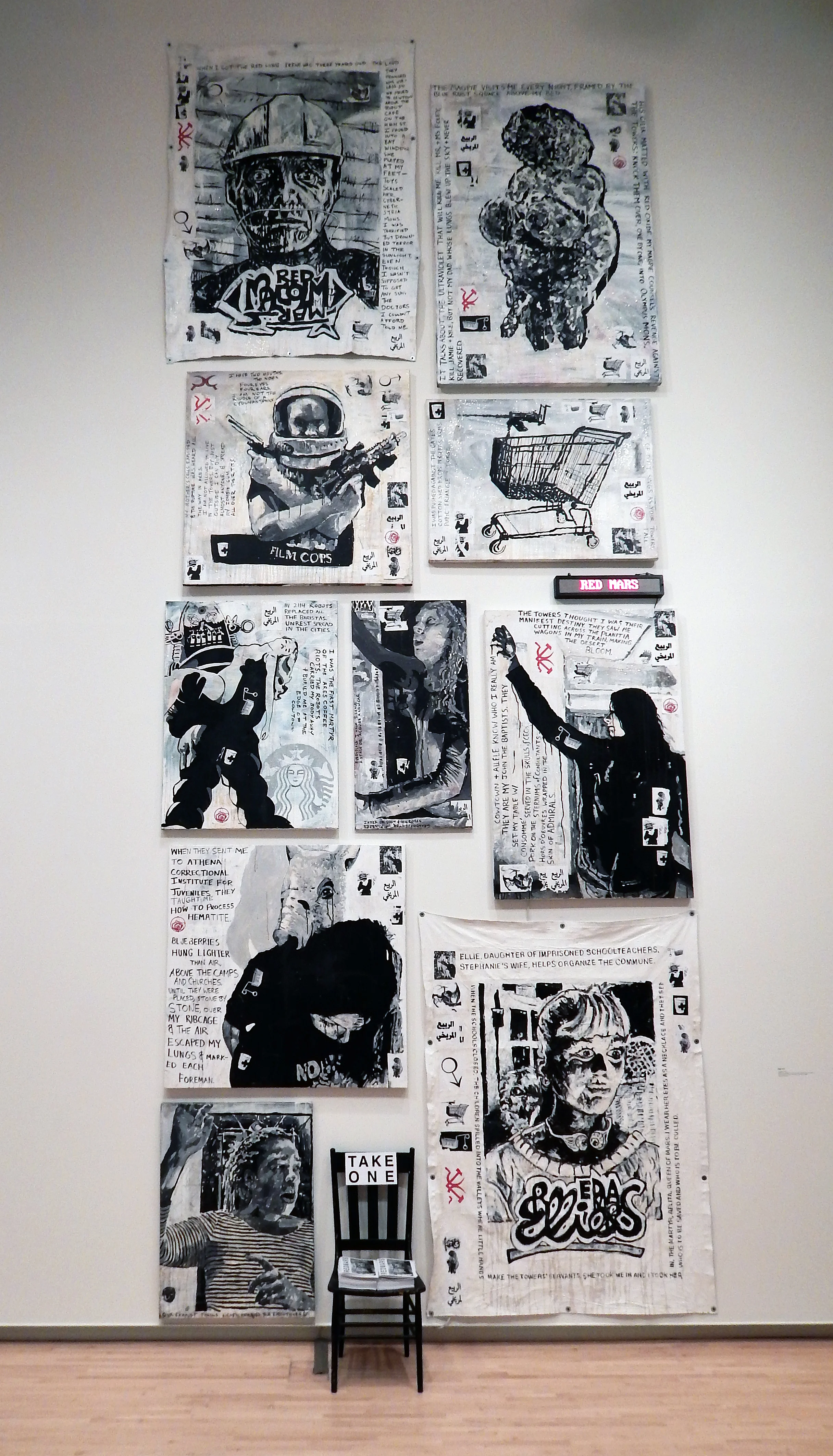 Adam Turl, Red Mars (Salon Version) (2016): Acrylic, coffee, meteorite dust, glitter, stickers, wheat-paste, mixed-media on canvas, with LED sign, chair, booklets and telescope. (Mildred Lane Kemper Museum, Saint Louis, Missouri)