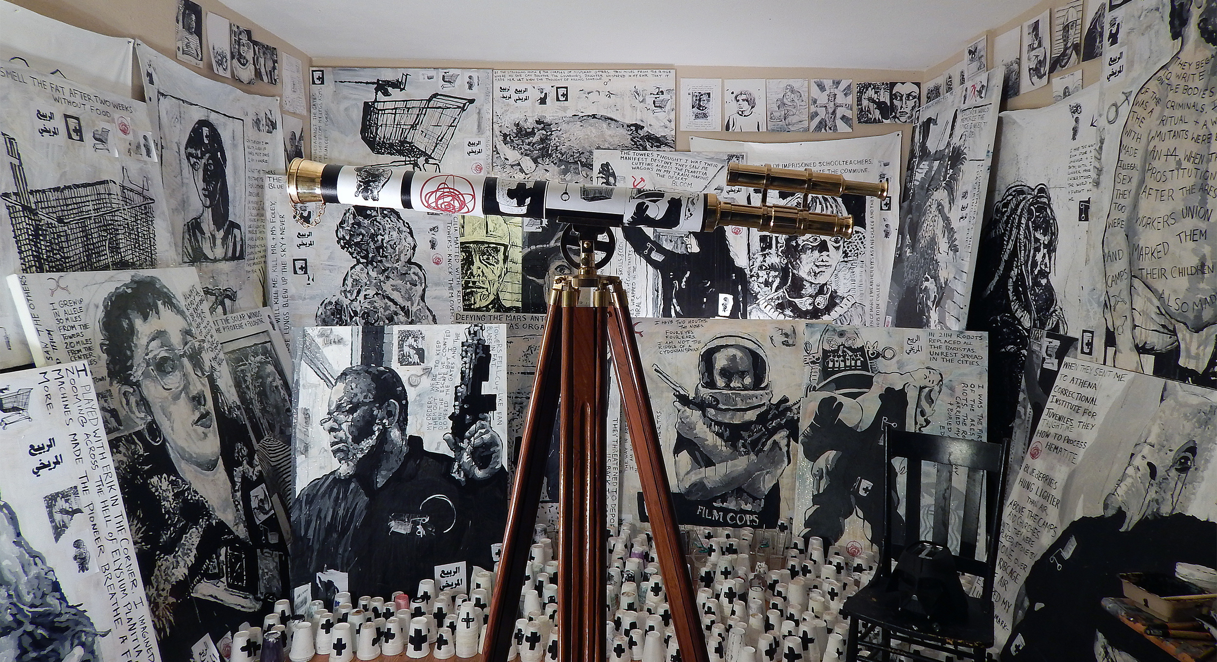 Adam Turl, Red Mars (Installation Version I) (2016): Acrylic, coffee, meteorite dust, glitter, stickers, wheat-paste, mixed-media on canvas, with chair, telescope and found objects.
