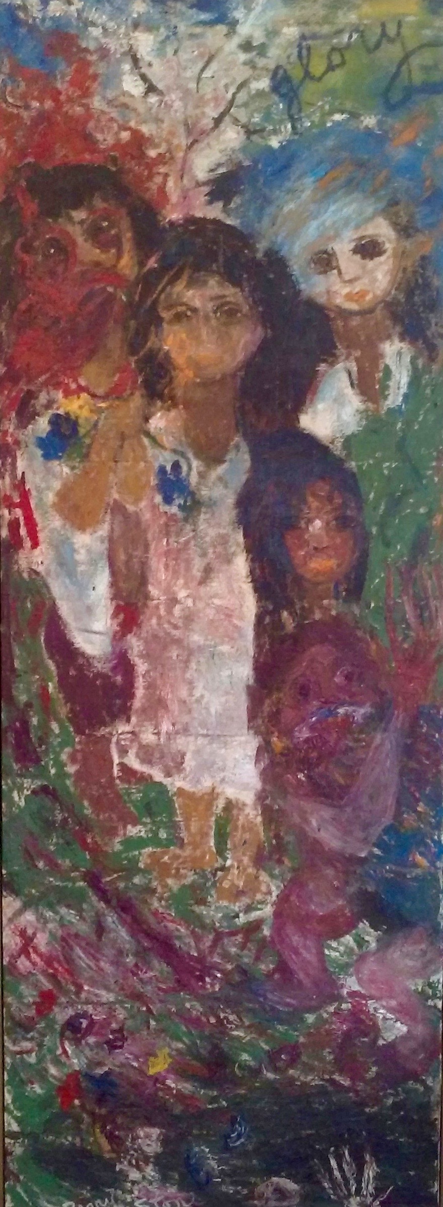 Glory , oil circa 1972 2'x 5'4" Vietnam War . Mary wanted to contradict the idea war is noble and glorious . The innocent casualties of war are shown. 