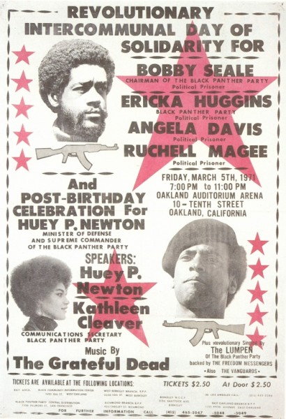Poster for one of the many times the Dead played benefits for the Panthers. Original Keyboard player Ron (Pigpen) McKernan’s life partner Veronica was a leading party member .