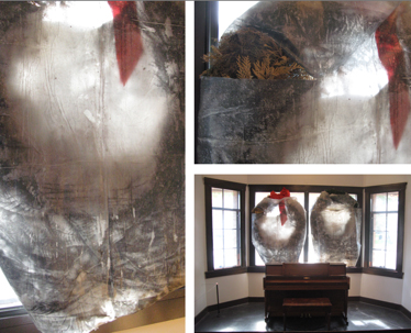 Park Monument, Width Variable x 4' Mixed-Media on Tarp, Synthetic and Actual Wreath, 2014, pictured in situ at the Comfort Station.