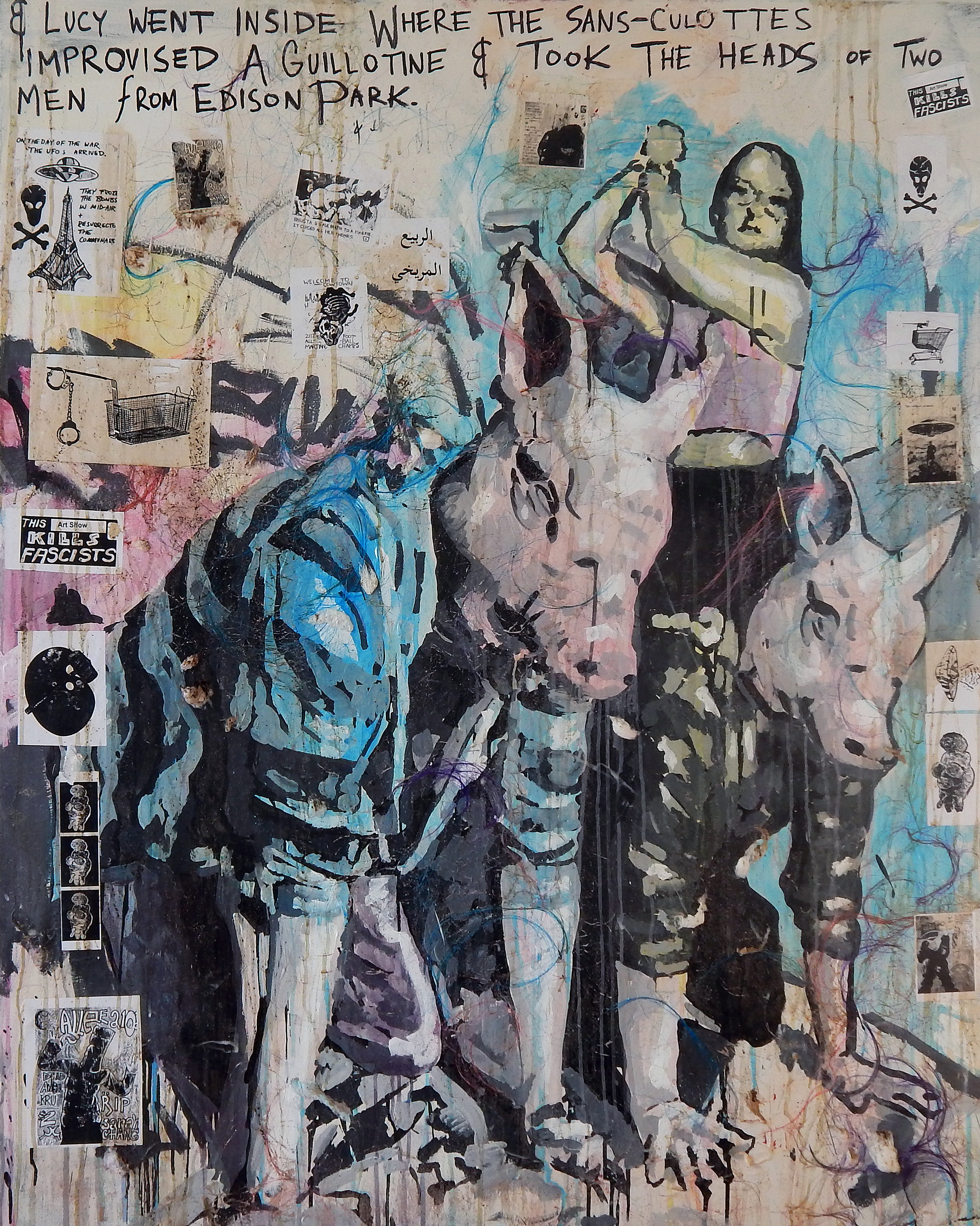 Adam Turl, Execution at the Golden Nugget (Alien Commune) , acrylic, water-color, cotton, glitter, stickers, wig hair, coffee and mixed media on canvas (2016).