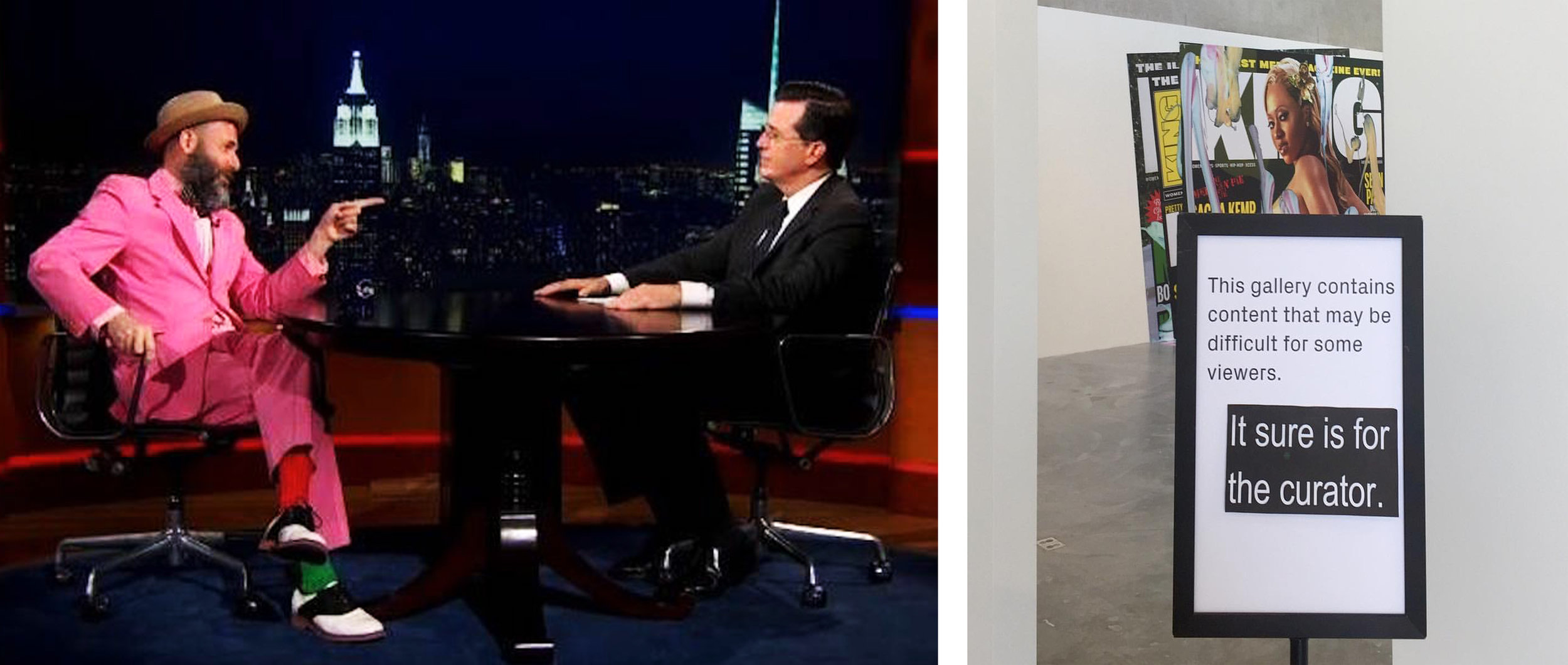 Kenneth Goldsmith on "The Colbert Report" and an altered exhibition sign at the St. Louis Contemporary Art Museum's Kelley Walker exhibition (photo by Richard Reilly)