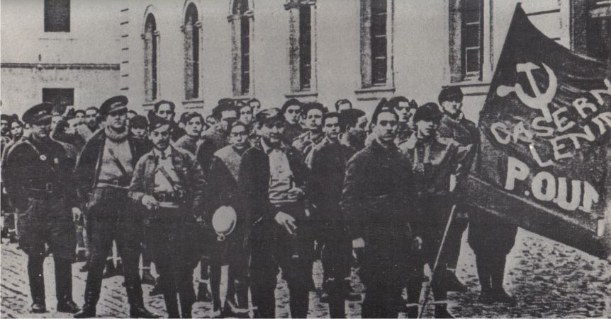George Orwell (in the back) with the Partido Obrero de Unification Marxista during the Spanish Civil War