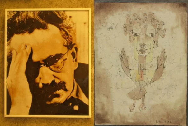 Left: Walter Benjamin. Right: Paul Klee's Angelus Novus, inspiration for Benjamin's Angel of History.