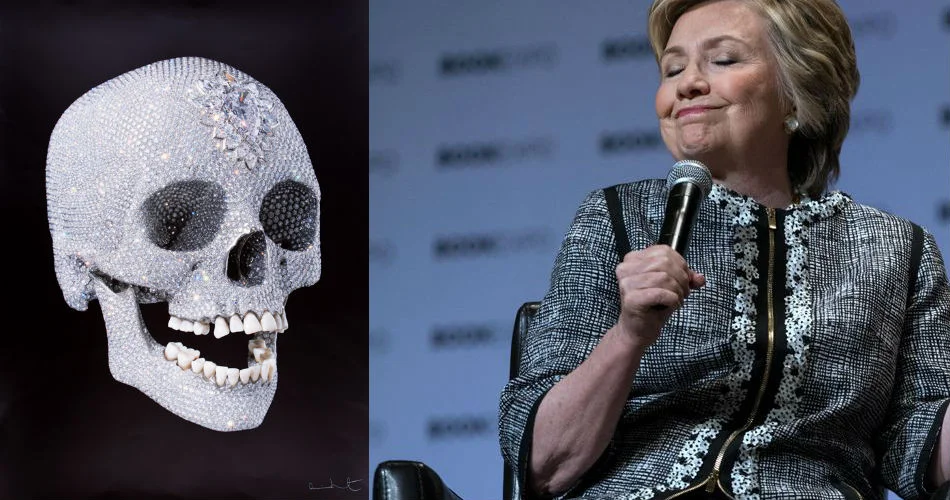 Left: Damien Hirst's bejeweled skull. Right: Hillary Clinton.