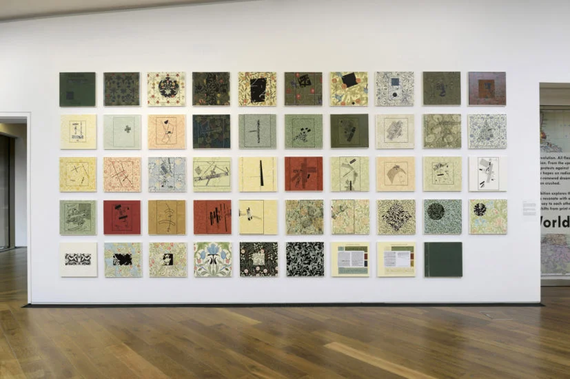 David Mabb. Long Live the New! Morris & Co. Hand Printed Wallpapers and K. Malevich’s Suprematism, Thirty Four Drawings , including covers, addendum and afterword. Forty-nine paintings: wallpaper book covers and acrylic on wallpaper mounted on canvas, 2016.