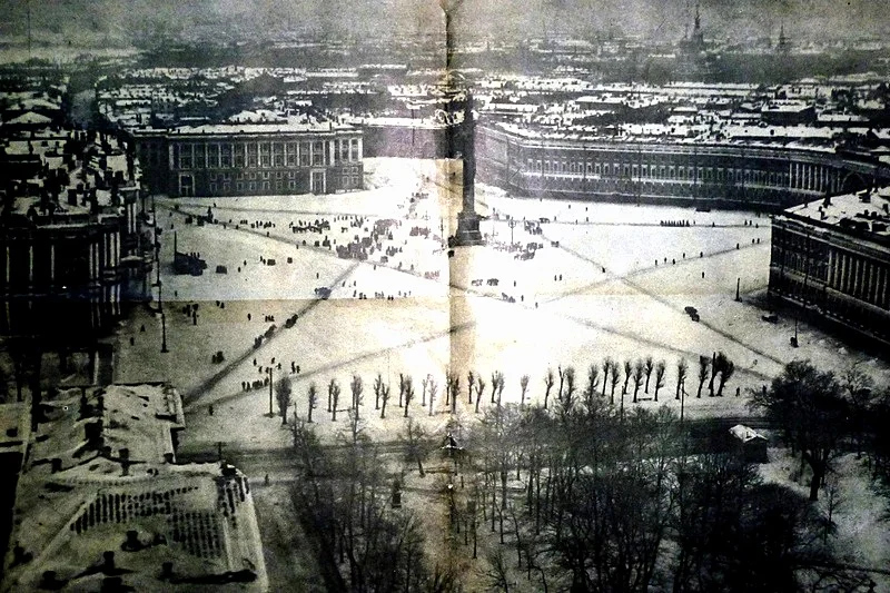 A large start trampled through the snow in Petrograd's Palace Square.