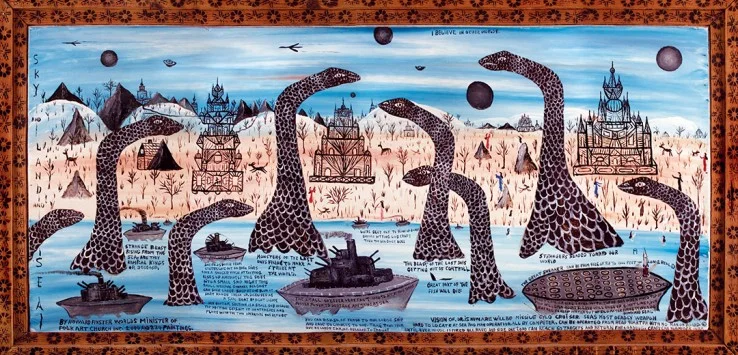 Howard Finster, The Super Powers, tractor enamel on wood (1985)