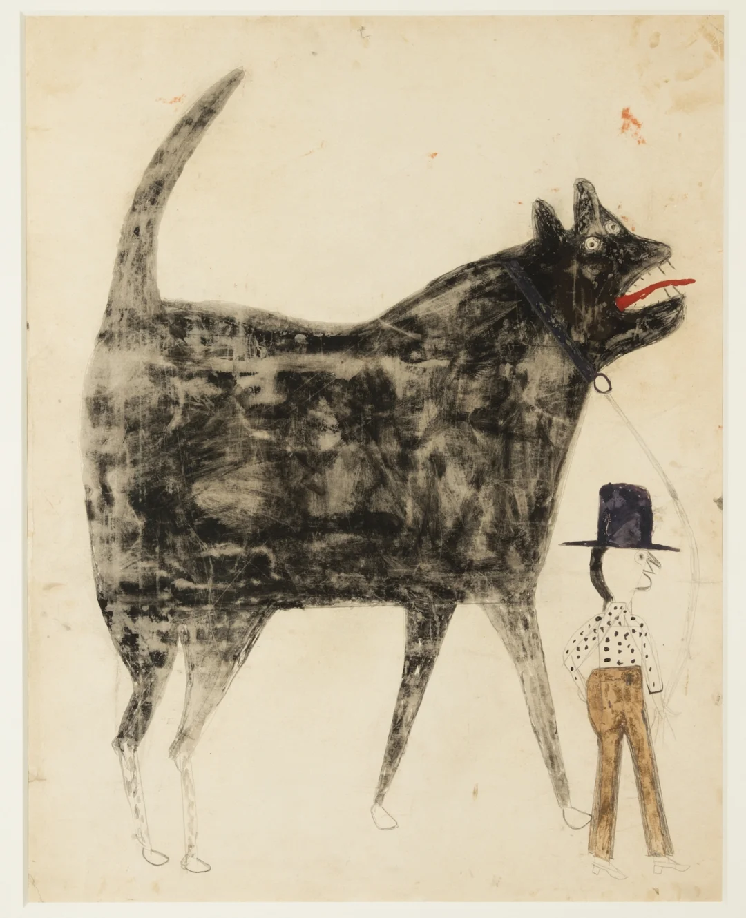 Bill Traylor, Man and Large Dog , 1932-1942, poster paint and pencil on cardboard. Dogs are regular motifs in Traylor’s work, varying from small and friendly looking animals to monsters. Of course dogs would have played a particular role in Traylor’s formative years as a salve, and a similar role after the defeat of Reconstruction.