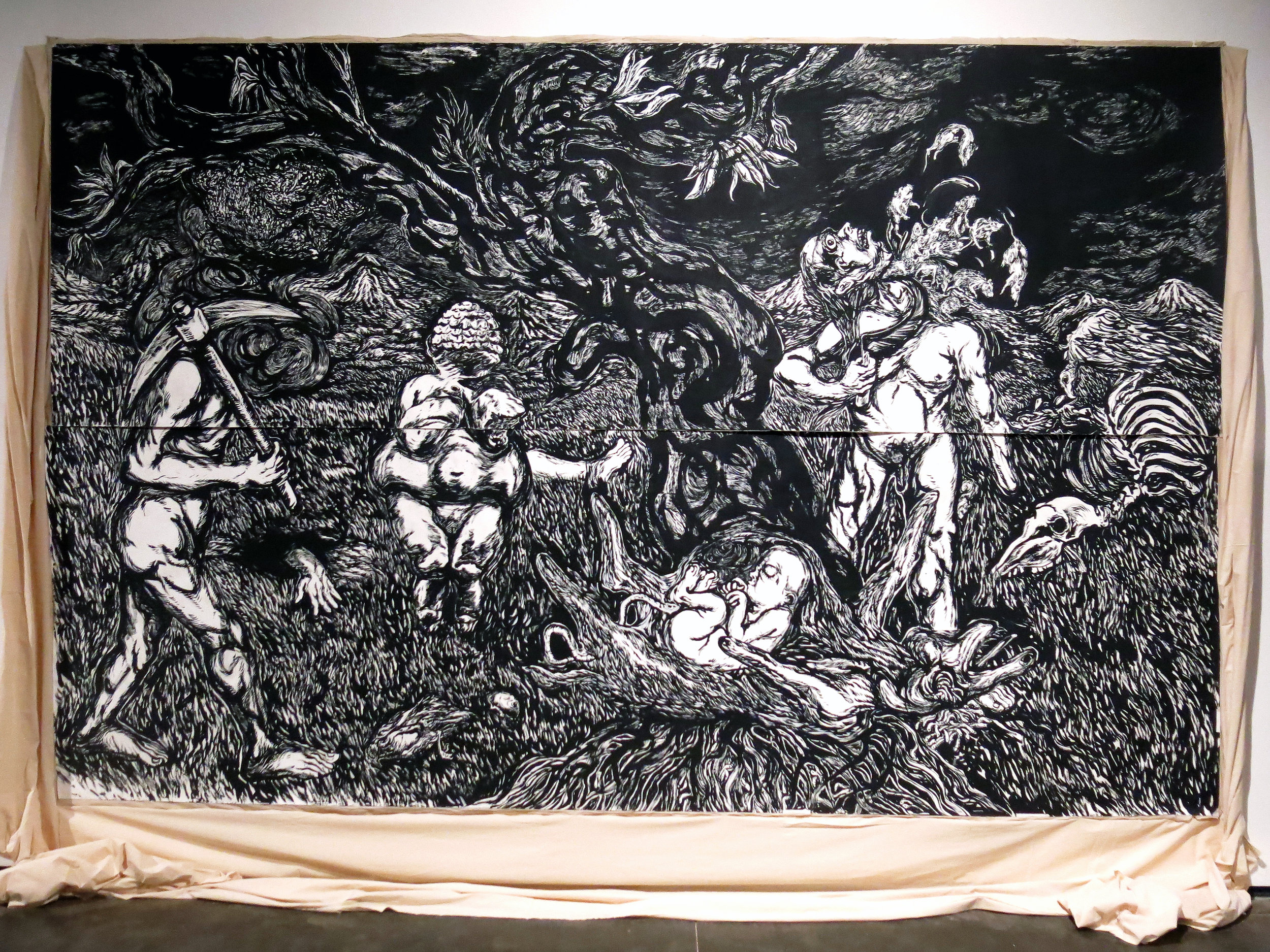 From resistance land ; Black pigment and distemper on paper (350gsm, acid free, hot-press) pasted on cotton cloth; 10ft x 16ft (approximate, paper size); 2018. Image courtesy- Prakash Rao