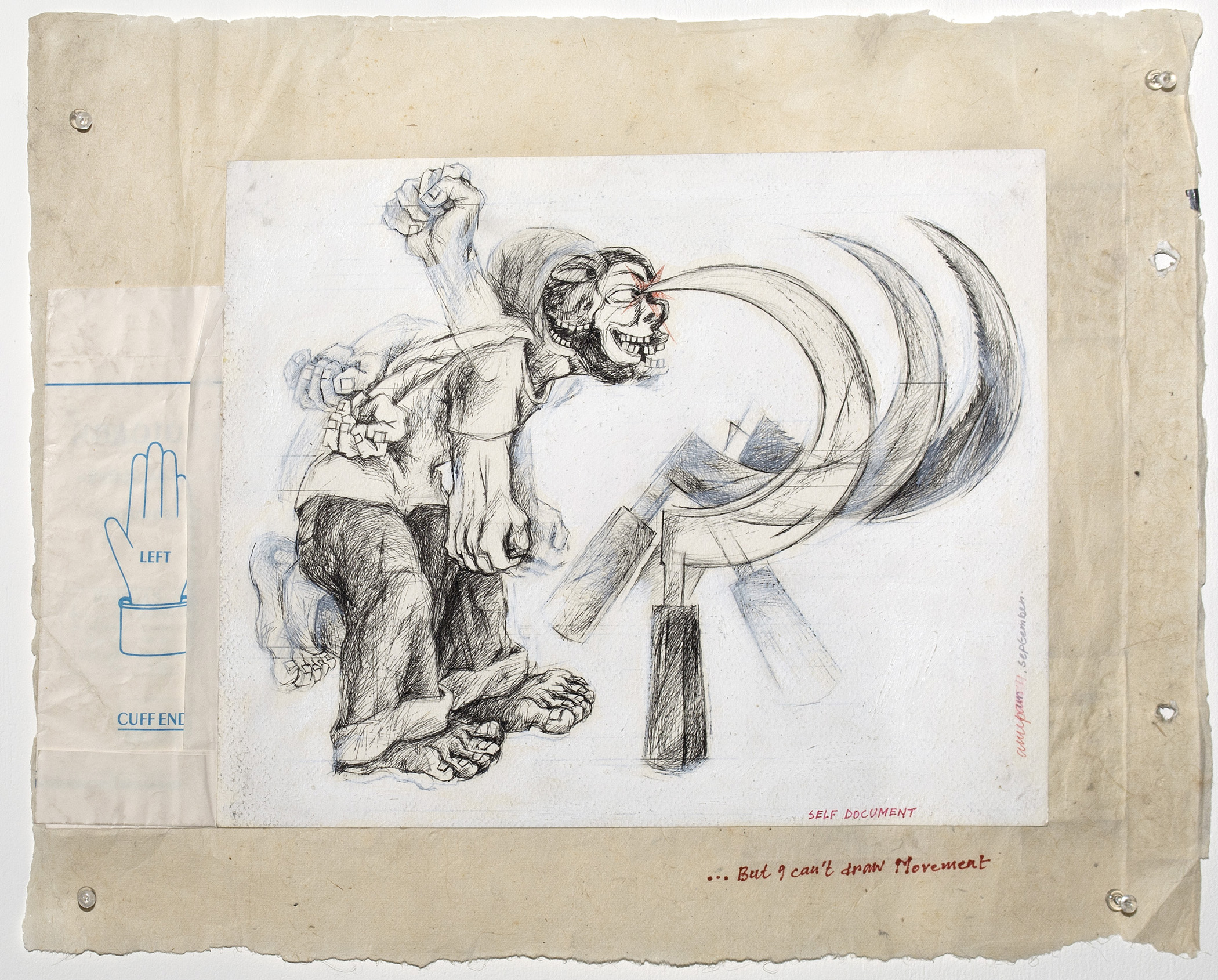 Self Document ; Pen and Ink drawing on paper and printed packet pasted on rice paper; each A4; year: 2011 drawing and reused in 2015, Image courtesy: Nikhil K C.
