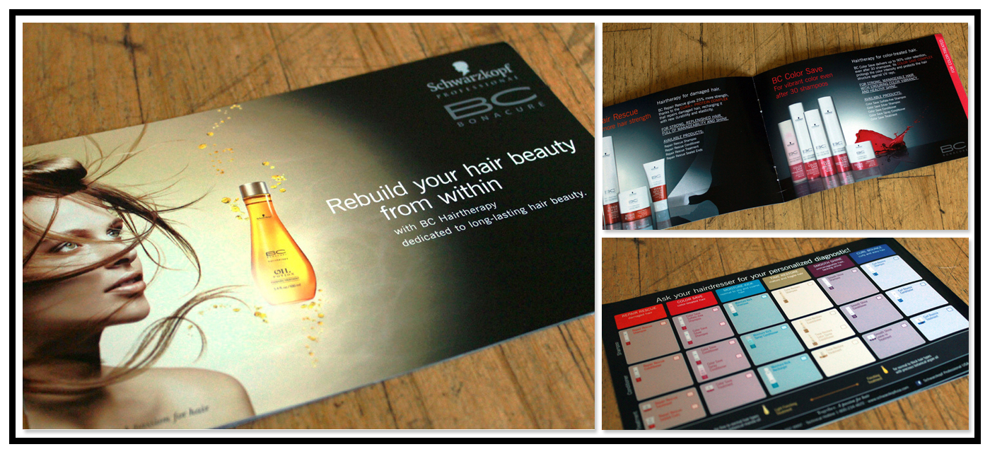 Leaflet offering information on products in the Schwarzkopf Professional BC Hairtherapy line. The spreads offer brief explanations of the products and the back features a product matrix with the entire line.