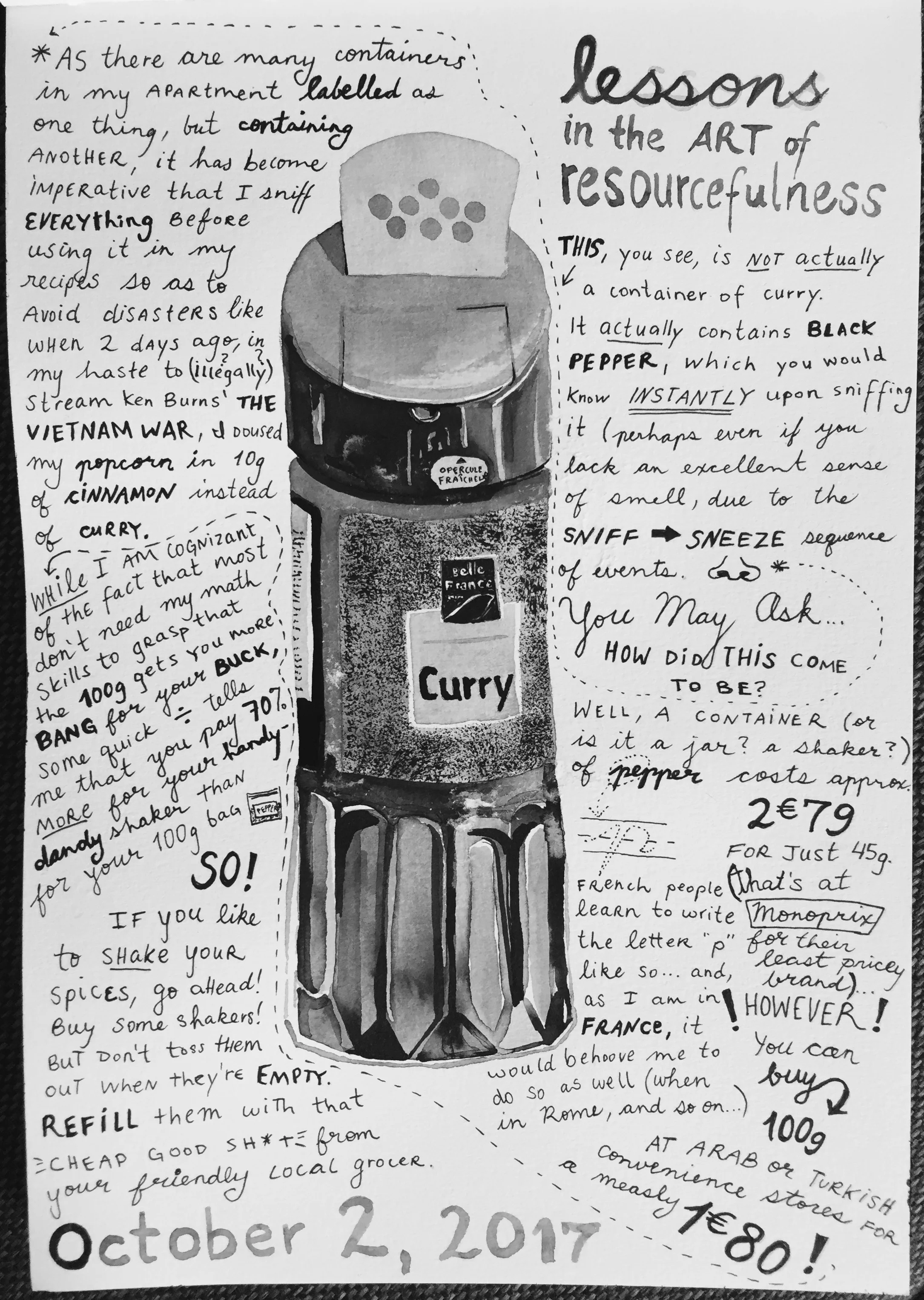 Day 2: Shaker containing not curry, but black pepper. Also, an intimate look at the context of this shaker in my current life.