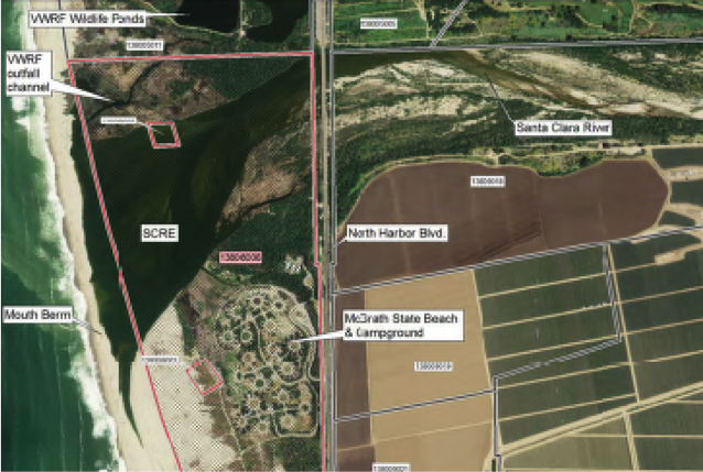 OVERVIEW OF CURRENT EXTENT OF ESTUARY AND THE MCGRATH STATE BEACH CAMPGROUND. THE STUDY EXAMINED MOVEMENT OF THE CAMPGROUND JUST DOWN BEACH TO A DEGRADED PARCEL (designated Mixed Use in Diagram Above) AND RESTORATION OF HIGHLY FUNCTIONAL AND CRITICAL ESTUARINE HABITAT. 