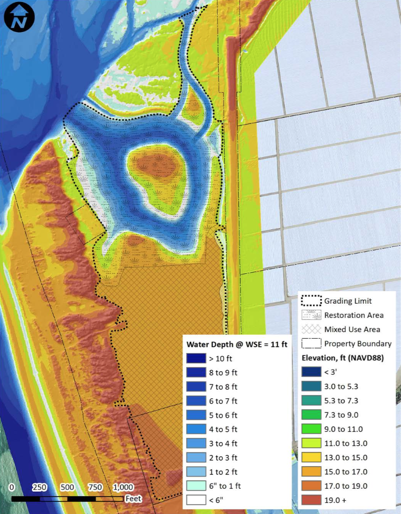   Wetted area of Preferred Restoration Design at water stage of 11 feet  