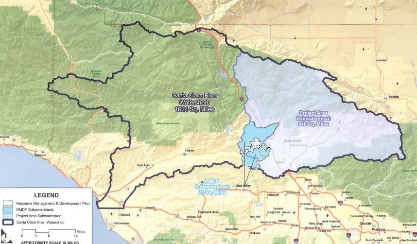 The solid light blue area represents the area of the proposed development that would result in a new city of over 60,000 residents along the Santa Clara River. 