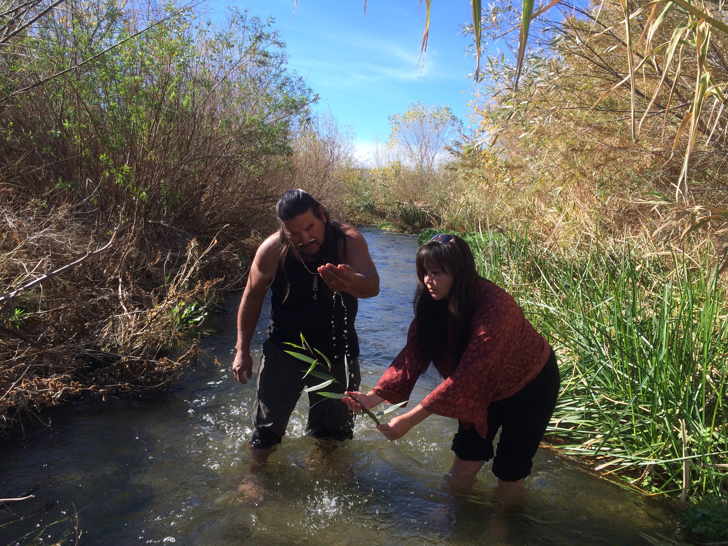 Chumash Ceremonial Elder of the Santa Clara River Turtle Clan Mati Waiya and Cultural Resource Director Luhui Isha making an offering BEFORE Harvesting WIllow as their peoples have done for countless generations in a Santa Clara River stretch that will be destroyed by the development. 