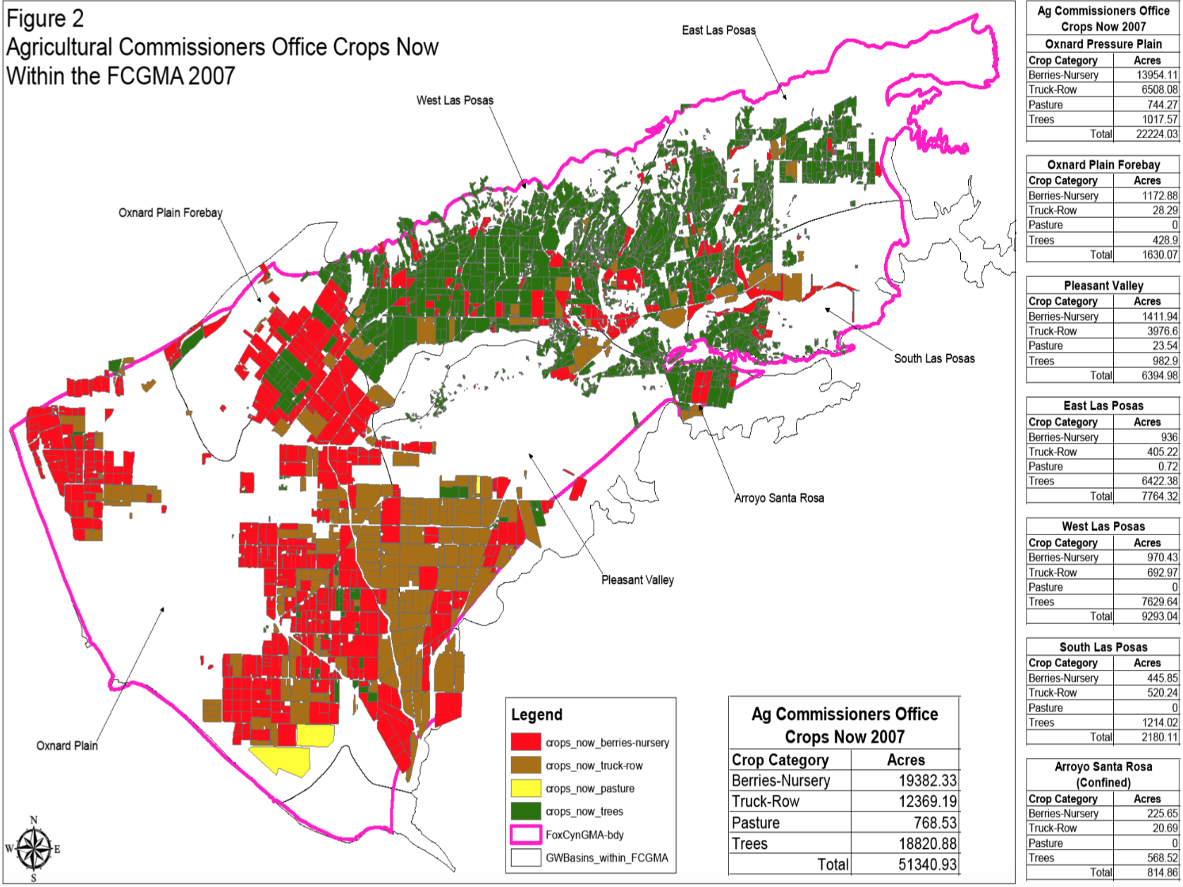 Diagram detailing the crop types grown within the Oxnard Plain groundwater basins managed by Fox Canyon Groundwater Management Agency. The parcels shaded in red depict the land in which water is extracted for unsustainable water guzzling luxury crops for the arid region, such as for strawberries, sod and flowers. 
