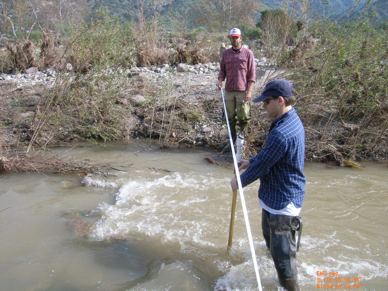 California State University Channel Island's Student measuring river flow on Sespe creek