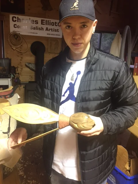 Chaz Elliot, Grandson of Charles Elliot, sharing the art of Coastal Salish Carving.