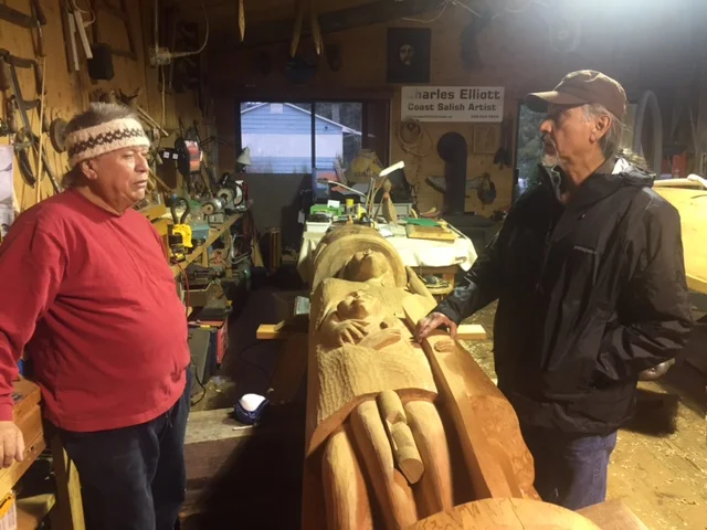 Charles Elliot (Coastal Salish Canoe Carver) & Ray Ward (Chumash Canoe Builder) sharing canoe building techniques.