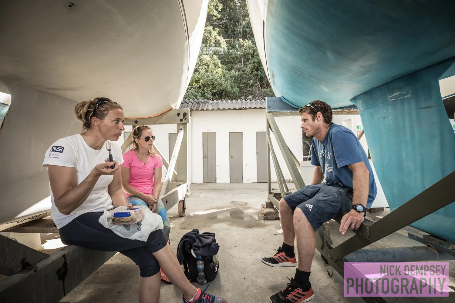 Pre sailing discussion in Rio about our goals and objectives for the day. Had to find any spots we could out there in the shade!
