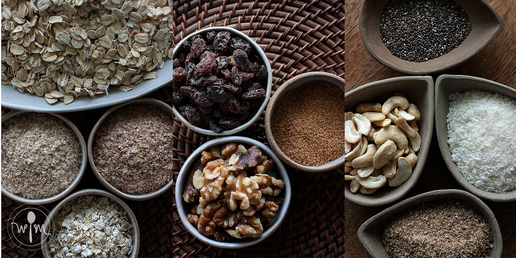 The ingredient groups: (Left photo) Base: Old-fashionsed rolled oats, wheat germ, wheat bran, oat bran, (center photo) Flavors: raisins, walnuts, coconut sugar, (right photo) Optional flavors and nutrient boosters: cashew nuts, dessicated coconut, chia seeds, flax seed meal
