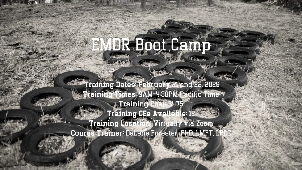 A field of tires arranged in rows with text overlay for an EMDR Boot Camp event, detailing training dates, times, cost, CEs, location, and trainer's name.