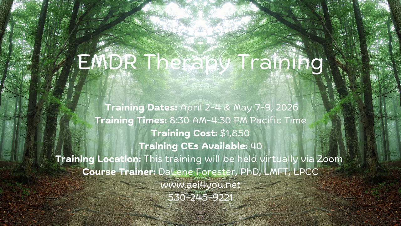 Tree lined forest with text advertising EMDR Therapy Training on April 2-4 and May 7-9, 2026.