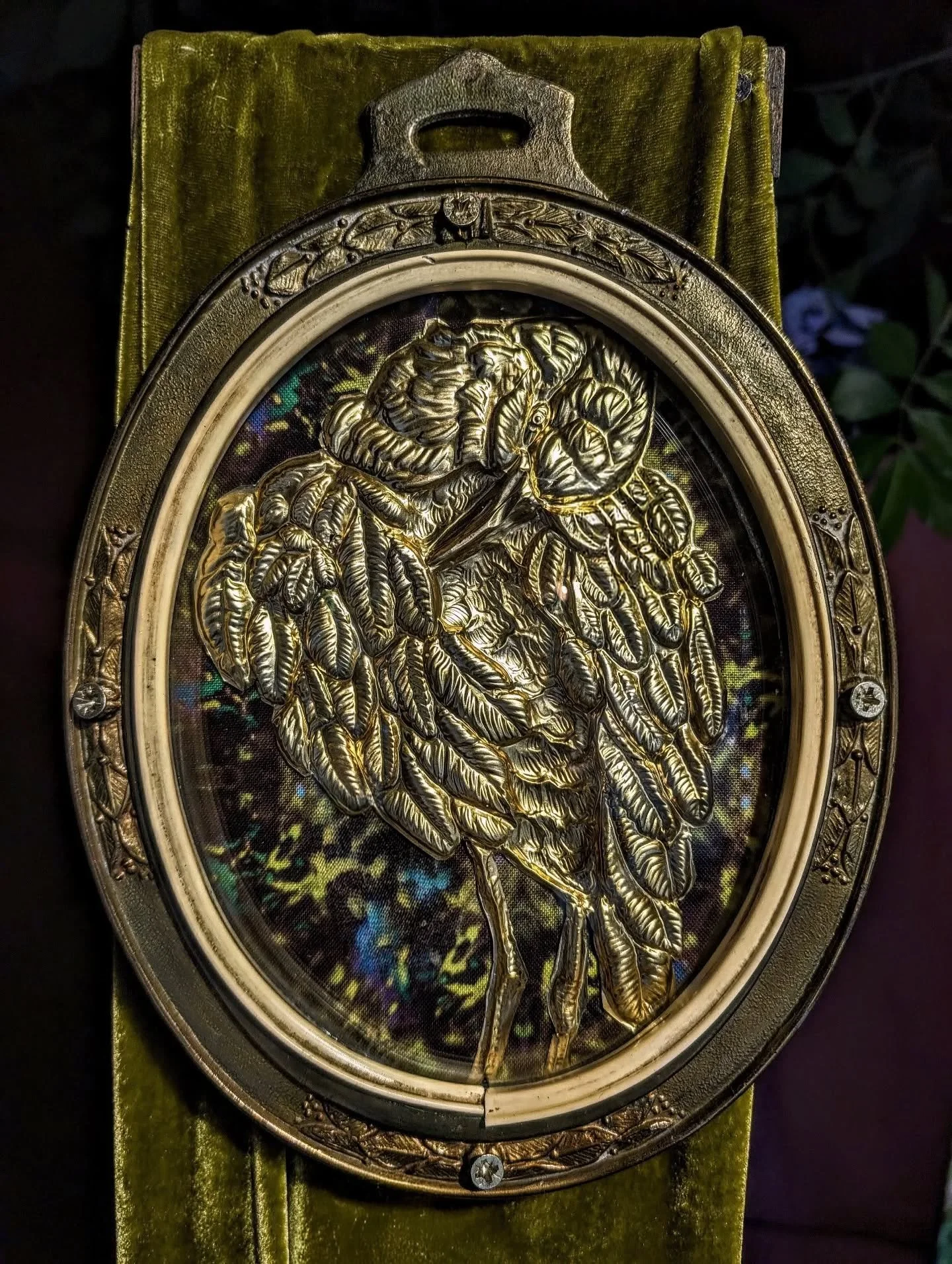 The White Faced Ibis, Embossed in Metal, Lined with one of my personal Hand-made Atlantean Fabric inspired by this magical creature's colours, in the heart of an Antique Brass Frame with a semi globe glass, this Treasure is to be found and ready to b