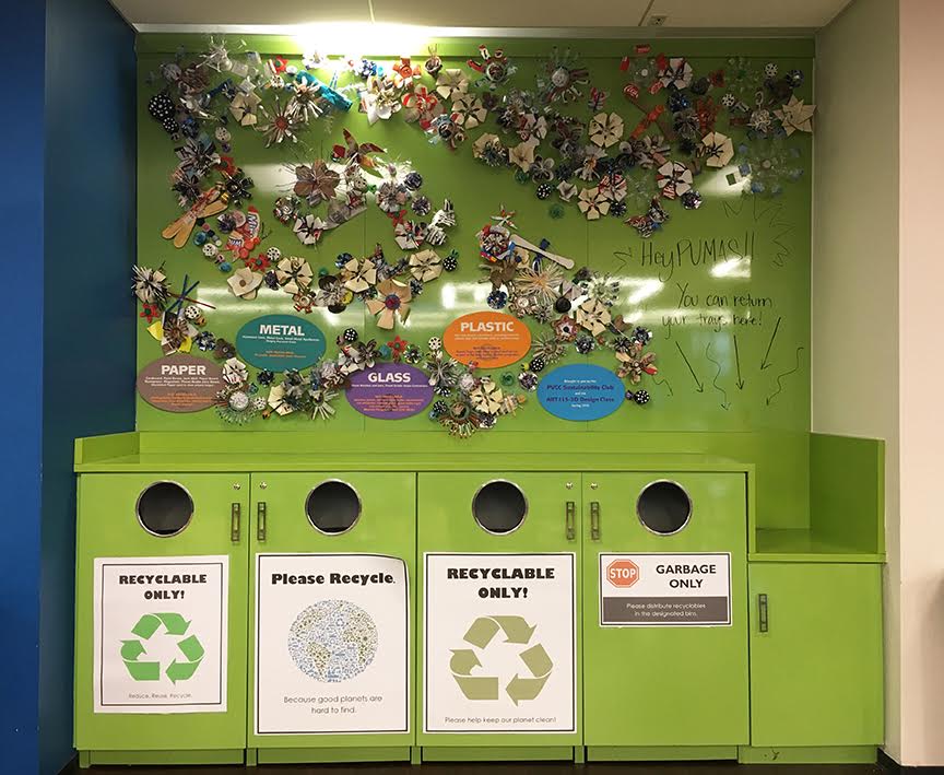 The overall final installation includes information about what materials belong in the recycled bin and what do not, providing information for on-campus best practices, but also messages about at-home recycling as well.