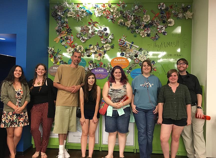 Here is the happy group of informed students, artists, and activists - lt to rt: Bridgette Pina and Amber Bingham, Sustainability Club members; Daniel Reed, Nicole Nielsen, Hannah Alcocer, Noa Paden, Amber Ries Manning, and Michael McCarthy, 3D Design students.