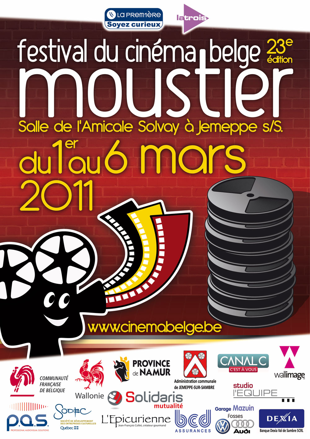 23e Festival en 2011 du 1er au 6 mars Incendies de Denis Velleneuve Le Voyage extraordinaire de Samy de Ben Stassen Rondo d’Olivier van Malderghem Quartier Lointain de Sam Garbarski Illégal d’Olivier Masset – Depasse La Permission de Minuit de Delphine Gleize Les Emotifs Anonymes de Jean-Pierre Améris Une Vie de Chat de Jean-Loup Felicioli et Alain Gagnol Kill Me Please d’Olias Barco Marieke, Marieke de Sophie Schoukens Potiche de François Ozon Rien à déclarer de Dany Boon