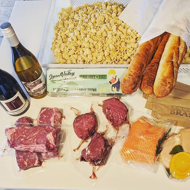 Quarantine Kits are back in stock!! Call between 3pm and 830 Tuesday  through Saturday to sign up for yours. Kits include 2 steaks (Filet or NY Strip), 2 salmon filets, 3 chicken breasts, 1lb of homemade pasta, a full baguette with butter, dozen loca