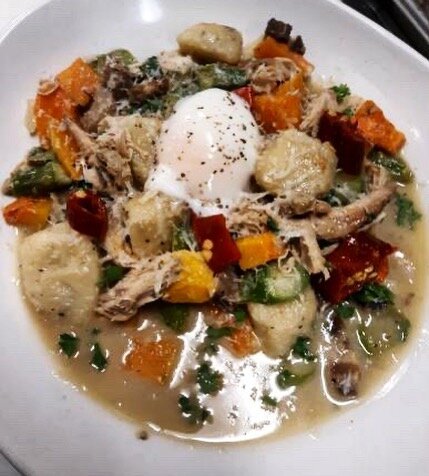 We are serving our Chicken and Dumplings this evening! 🥘 🔥 Roasted Butternut Squash, Asparagus, Lardons, Arugula, Calabrian Chilis, Pecorino, and a Sous Vide Egg! Call to place your order! #knoxrocks #curbsidestyle