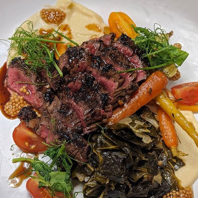 Special tonight! Grass-fed skirt steak with rutabaga and kohlrabi pure&eacute;, braised greens, local Luedtke Acre carrots, heirloom tomatoes, finished with a Luxardo cherry demi glaze. Call for a reservation, also available for curbside pickup! #kno