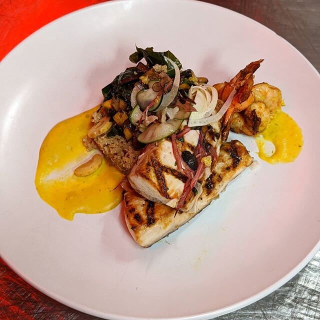 WAHOO! Friday fish special! Grilled Wahoo served with Alabama Brown Shrimp, Andouille sausage, corn pure&eacute;, Swiss chard, squash fennel cover salad and quinoa. Call for reservations or curbside. #dinein #curbsidepickup #knoxfoodie